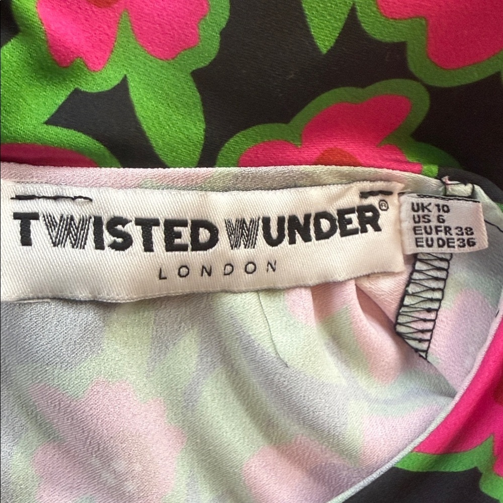 Asos Twisted Wunder Pink & Black Floral Print Bib Collar Long Sleeve Dress - Picture 9 of 15